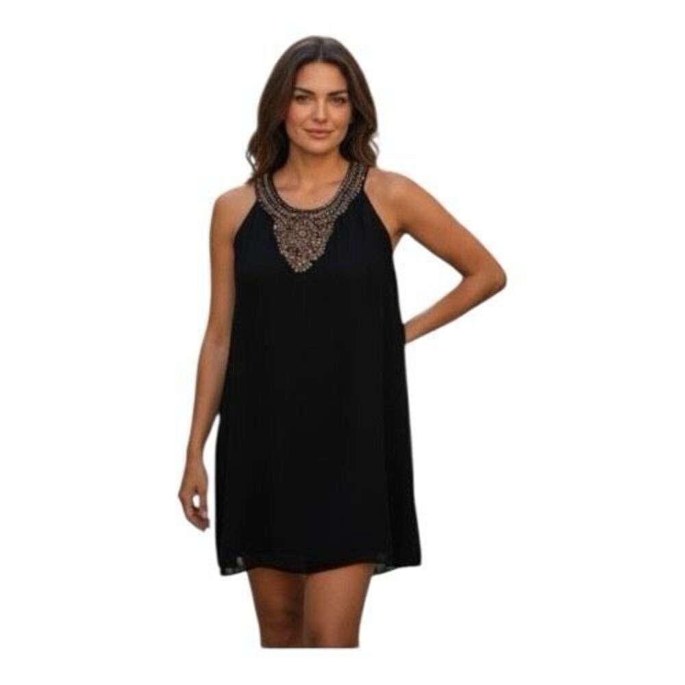Going Out Dress Black Chiffon Short Shift Size S Studded Sleeveless Sexy Elegant